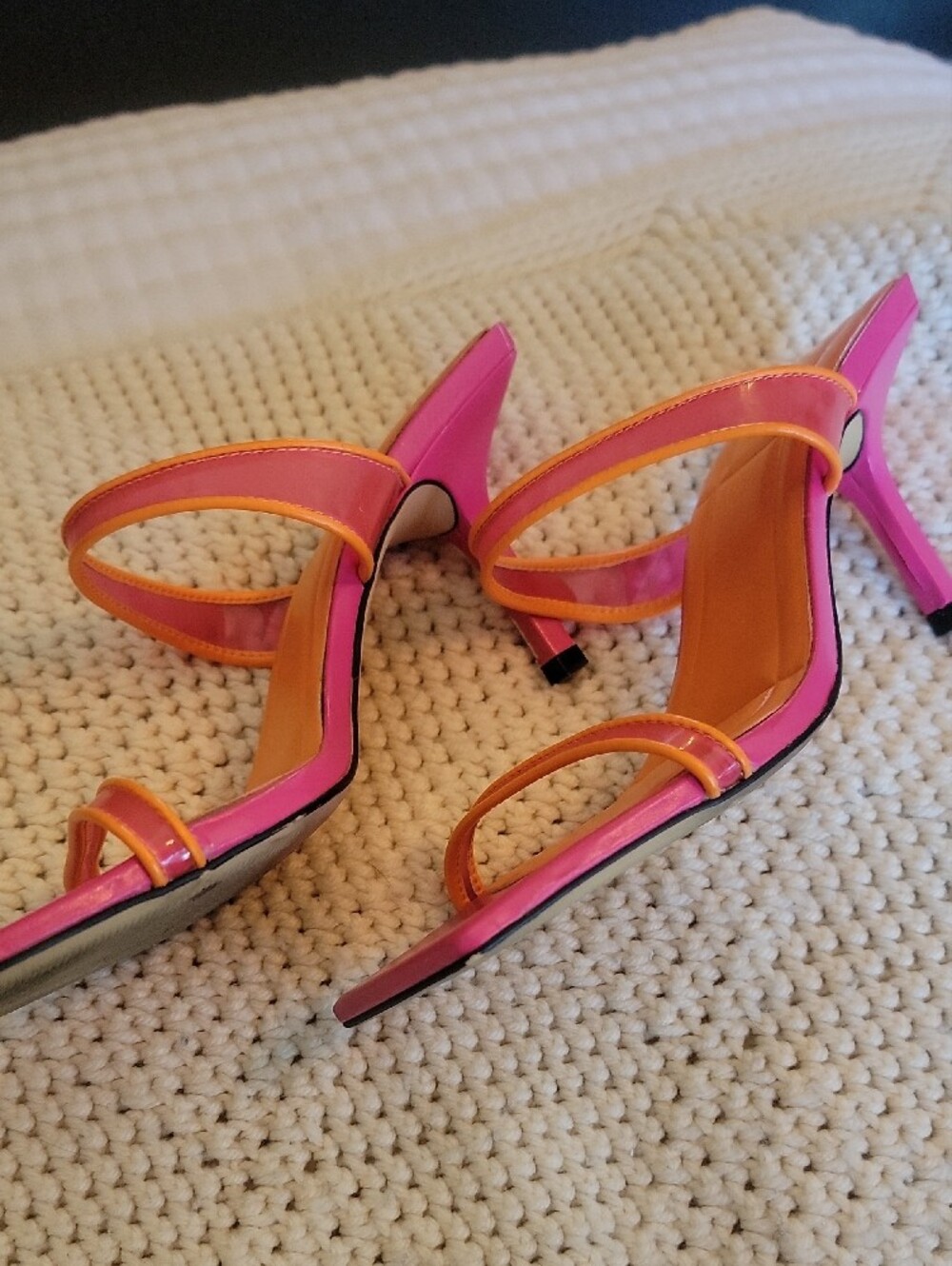 ZARA Pink and Orange Strappy Square-Toe Heels - Picture 2 of 4